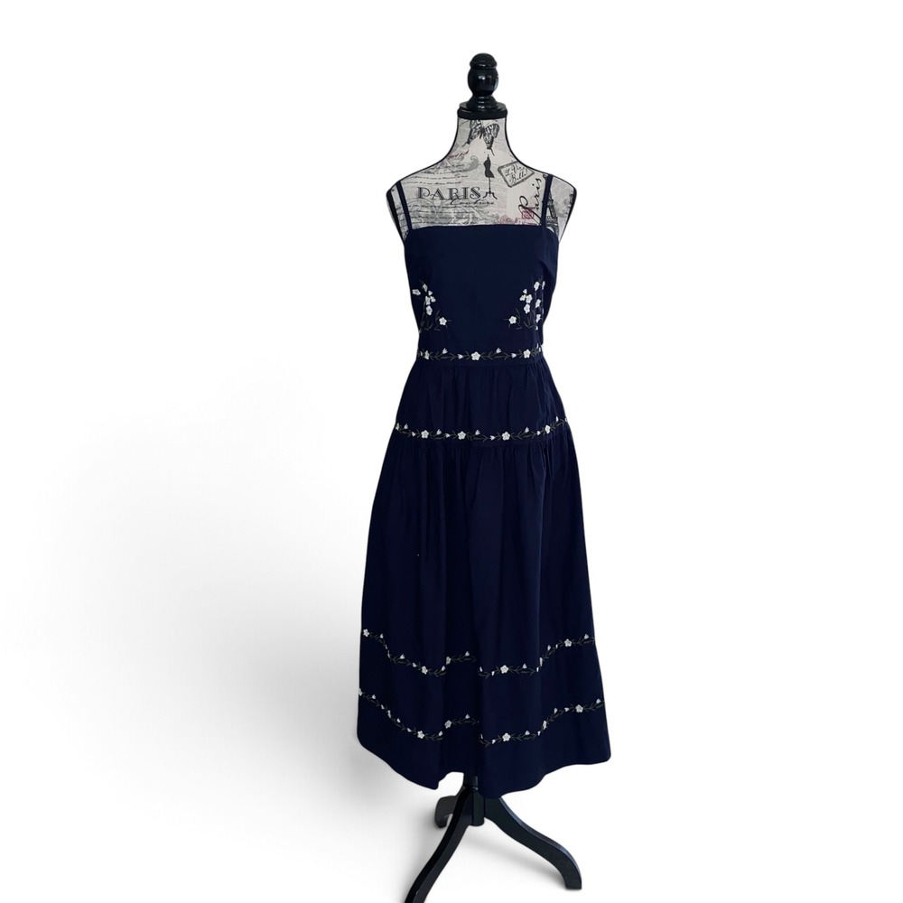 Free Assembly Midi Dress Women Large Navy Blue Floral Embroidered Cotton Smocked